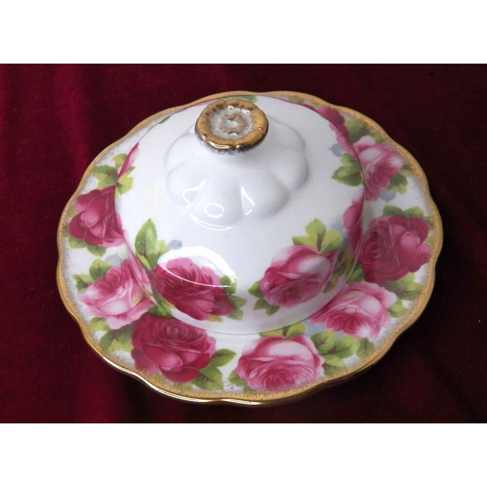 Royal Albert Old English Rose Bone China Covered Butter Dish w/Lid England Gold